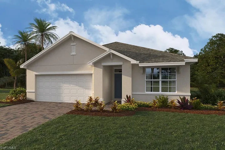 Ranch-style house with decorative driveway, a front yard, a garage, stucco siding, and roof with shingles