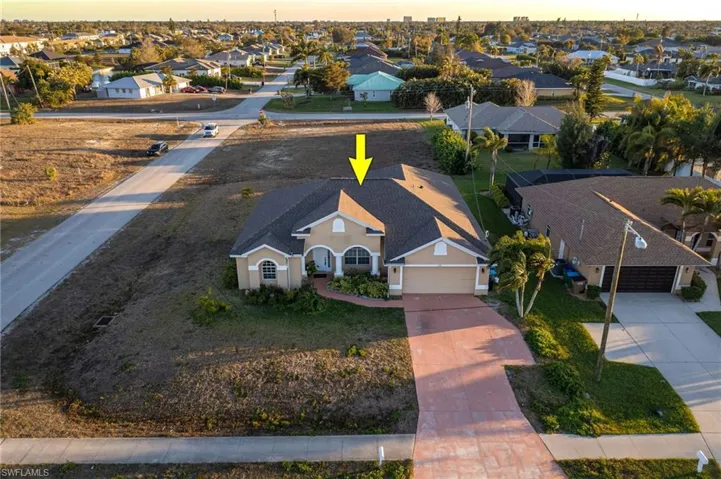 Aerial view at dusk of a residential view