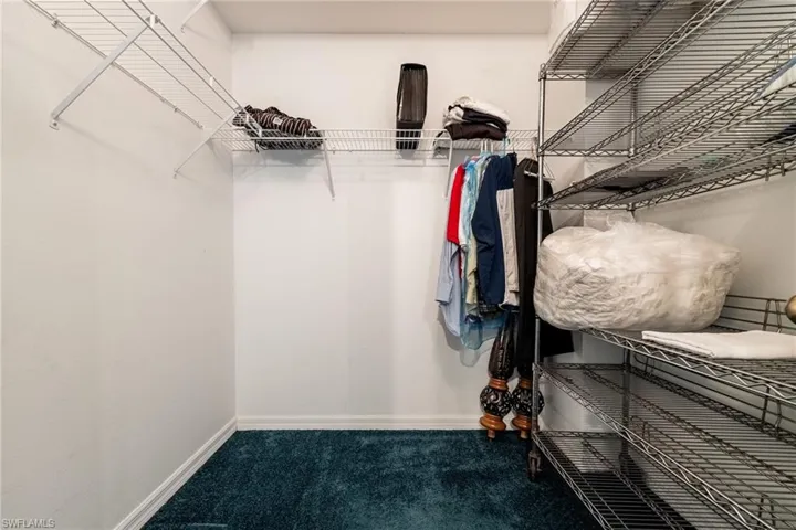 Walk in closet featuring dark colored carpet