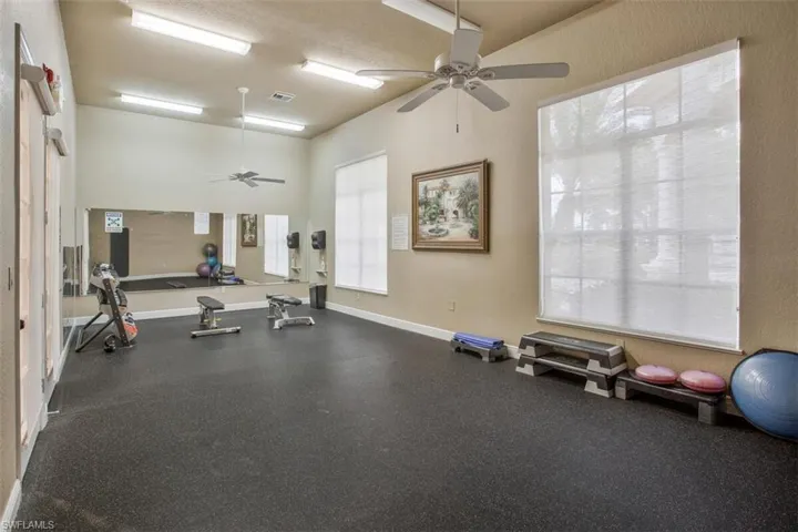 Exercise area featuring ceiling fan and a wealth of natural light