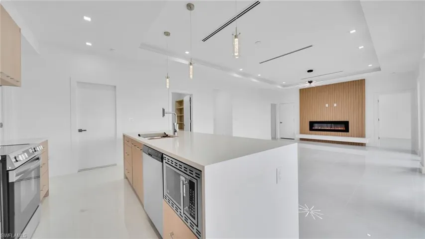 Kitchen with a raised ceiling, modern cabinets, open floor plan, a fireplace, and appliances with stainless steel finishes