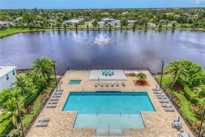 Community pool with a water view