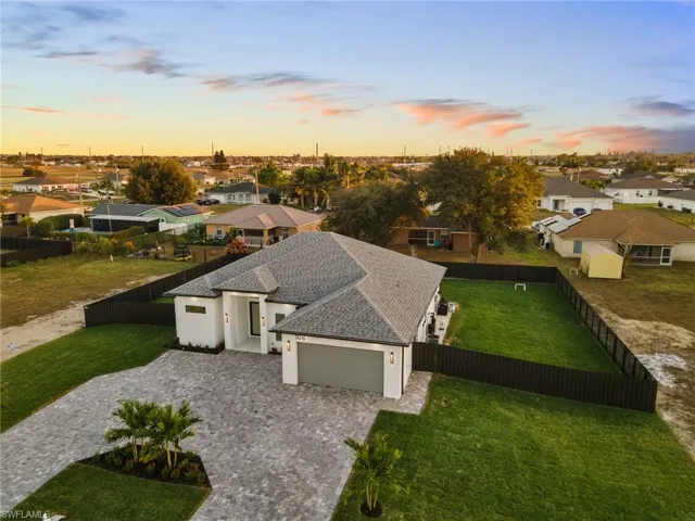Aerial view at dusk of a residential view