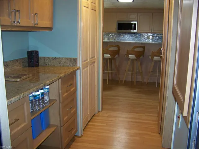 Hallway from lanai to inside the home. Built-in granite counter/cabinet for extra entertaining and 2 closets!!