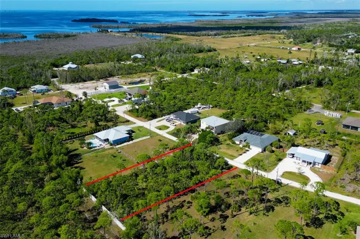 Birds eye view of property with a water view