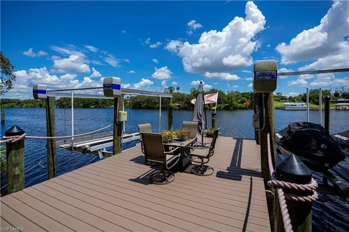 Dock area featuring boat lift and a water view