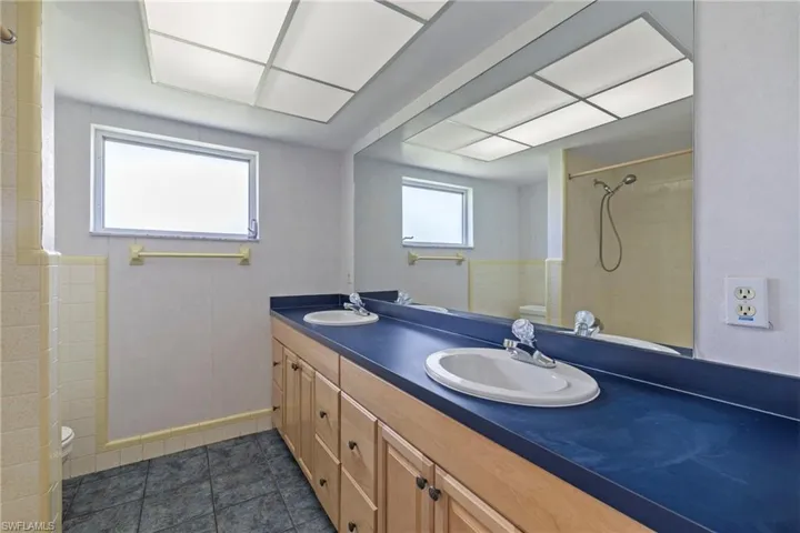 Bathroom with toilet, vanity, walk in shower, and plenty of natural light