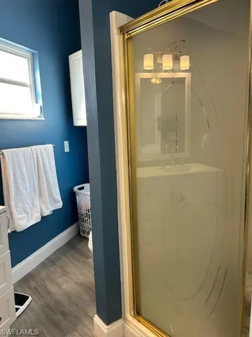 Bathroom with a shower stall, grey wood-style flooring, and vanity