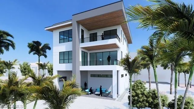 View of front of a house rendering with a balcony and stucco siding