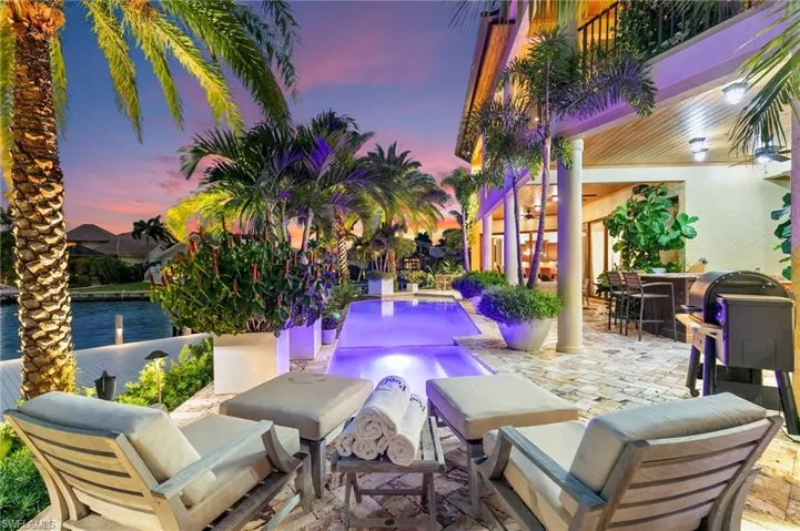 View of patio terrace at dusk
