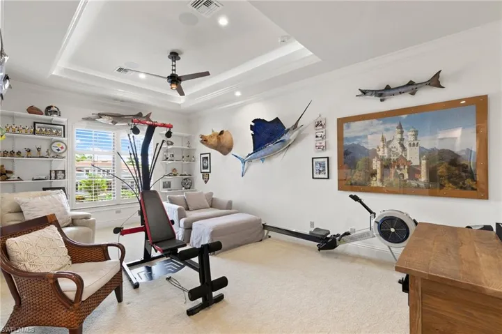 Workout or game area featuring ceiling fan, a raised ceiling, and carpet flooring