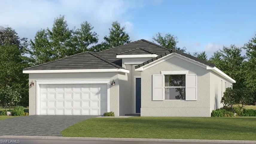 Contemporary single-story residence featuring a two-car garage, tiled roof, decorative shutters, and stucco exterior