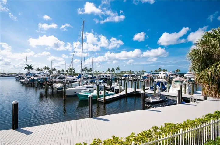 Dock area featuring a water view and view of marina