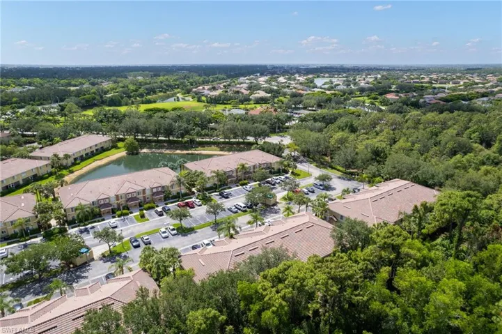 Bird's eye view of a nearby body of water and a tree filled landscape