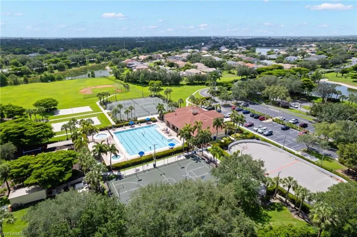 Aerial view of residential area with a pool