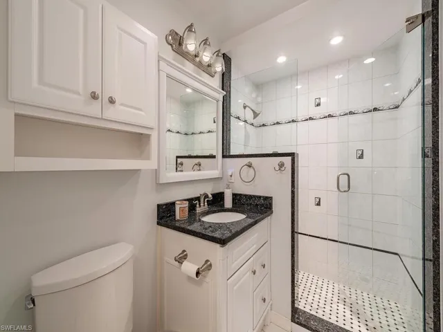 Bathroom featuring vanity, toilet, and walk in shower
