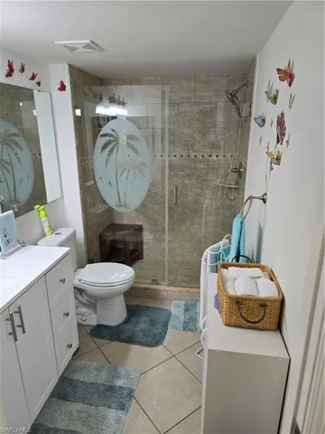 Bathroom with visible vents, tile patterned flooring, vanity, toilet, and a stall shower