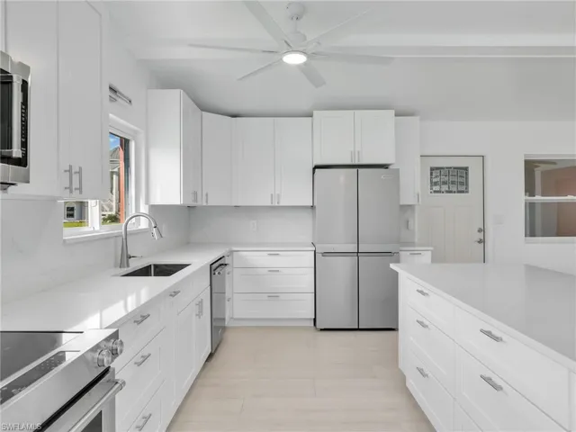 Kitchen featuring decorative backsplash, sink, white cabinetry, and stainless steel appliances