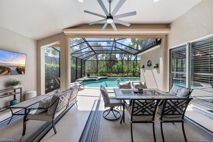Welcome to 9020 Shadow Glen Way outdoor living! The covered living area opens up to the heated swimming pool with private landscaped rear yard.