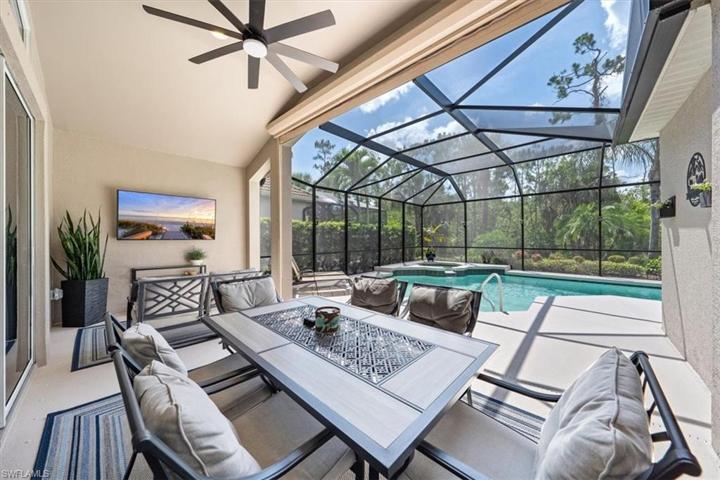 Welcome to 9020 Shadow Glen Way outdoor living! The covered living area opens up to the heated swimming pool with private landscaped rear yard.
