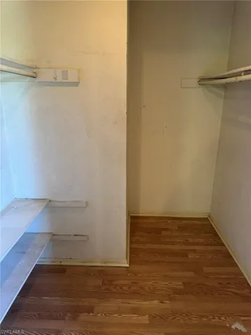 Walk in closet with wood-type flooring