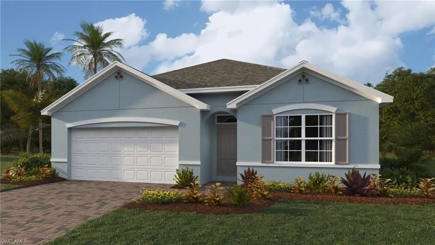 Single story home featuring a front lawn and a garage