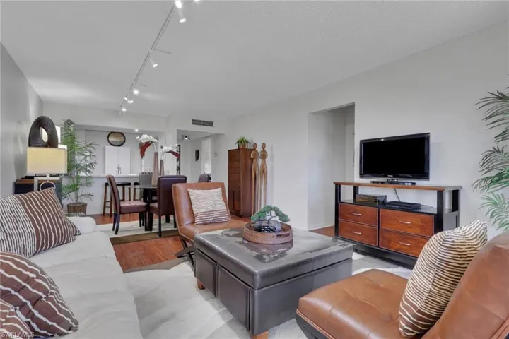 Living area featuring light wood-style flooring and track lighting