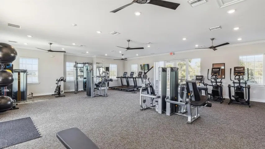 Workout area featuring ornamental molding and ceiling fan