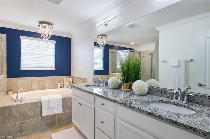 Bathroom with ornamental molding, vanity, a chandelier, and independent shower and bath