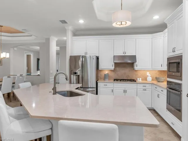 Kitchen with a large island with sink, stainless steel appliances, a tray ceiling, and sink