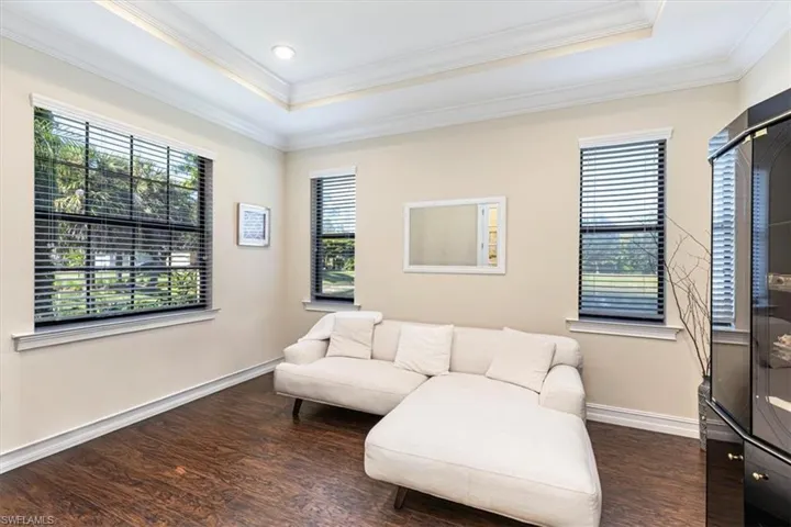 Sitting room with a tray ceiling, dark wood-type flooring, healthy amount of natural light, and ornamental molding