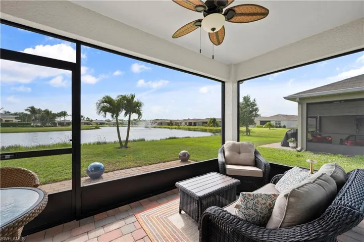View from Screened in Lanai of Lake with Fountain