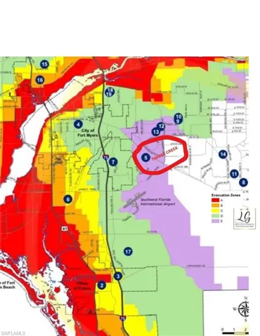 This is the evacuation Map of Lee County - You can see that we are in Zone E - High and Dry with no Flood Insurance requirements.