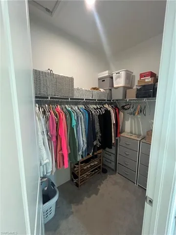 Primary walk in closet offers ample storage & upgraded carpet