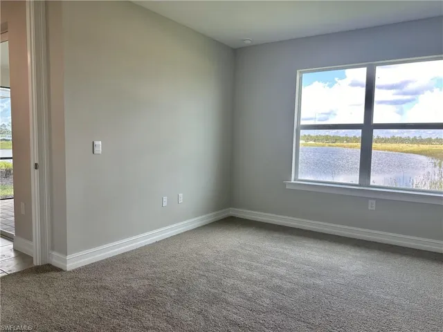 Unfurnished room with a water view, light colored carpet, and plenty of natural light