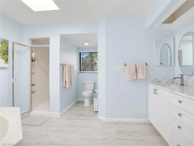 Bathroom featuring hardwood / wood-style floors, toilet, a skylight, vanity, and an enclosed shower