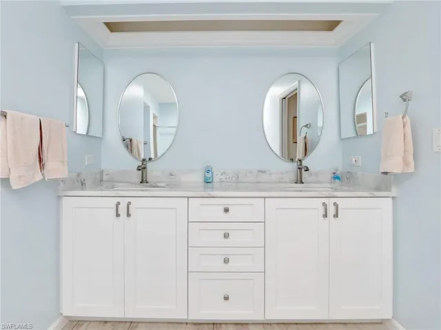 Bathroom with vanity, crown molding, and wood-type flooring