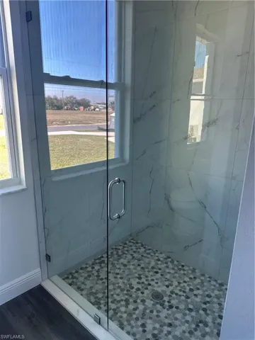 Bathroom featuring hardwood / wood-style floors and walk in shower