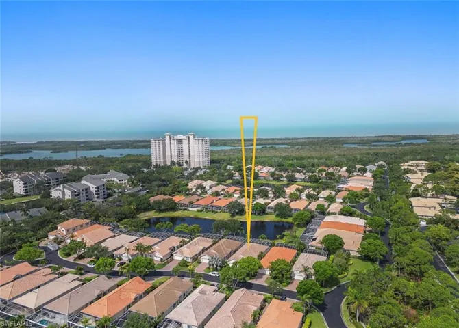 Birds eye view of property with a water view