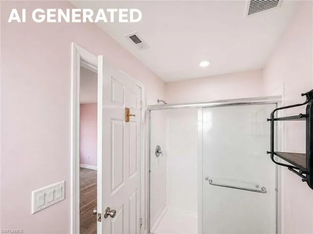 Modern primary bathroom featuring soft pink walls, recessed ceiling lighting, and a frameless glass-enclosed shower with chrome fixtures and grab bar