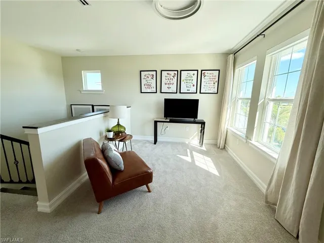 Sunny Loft area featuring carpet and an upstairs landing