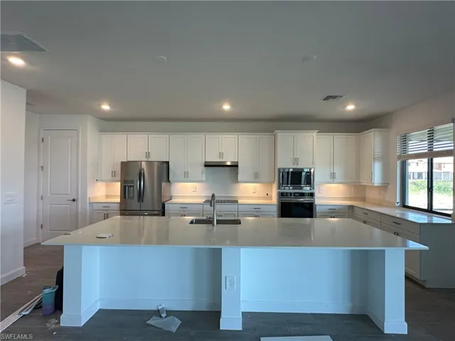 Kitchen featuring dark hardwood / wood-style floors, stainless steel appliances, a spacious island, white cabinets, and sink