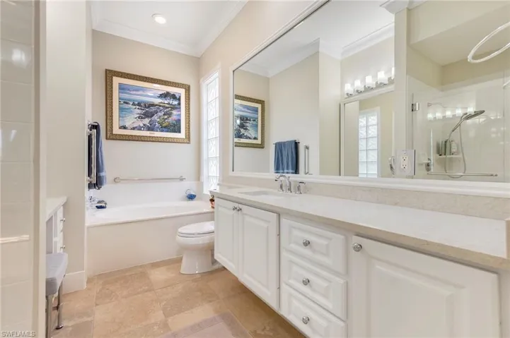 Bathroom featuring vanity, toilet, plenty of natural light, and crown molding