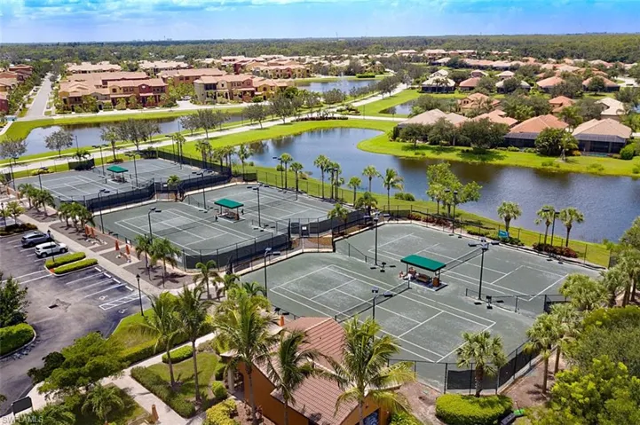 Aerial perspective of suburban area with a nearby body of water