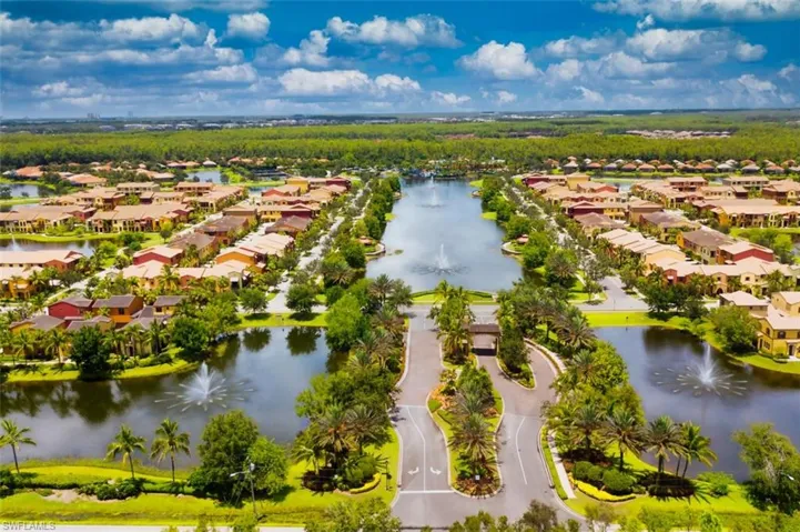 Aerial perspective of suburban area featuring a nearby body of water