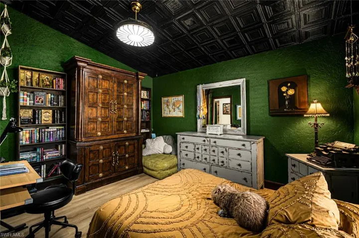 Actual current bedroom featuring a textured green wall finish, wood-finish flooring, and a black embossed ceiling panels