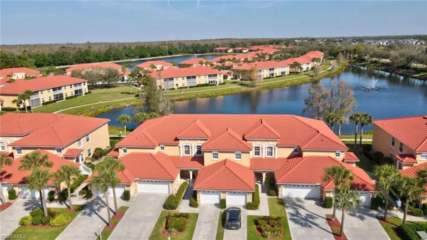 Birds eye view of property with a water view and a residential view