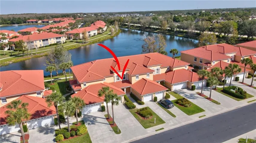 Bird's eye view with a water view and a residential view