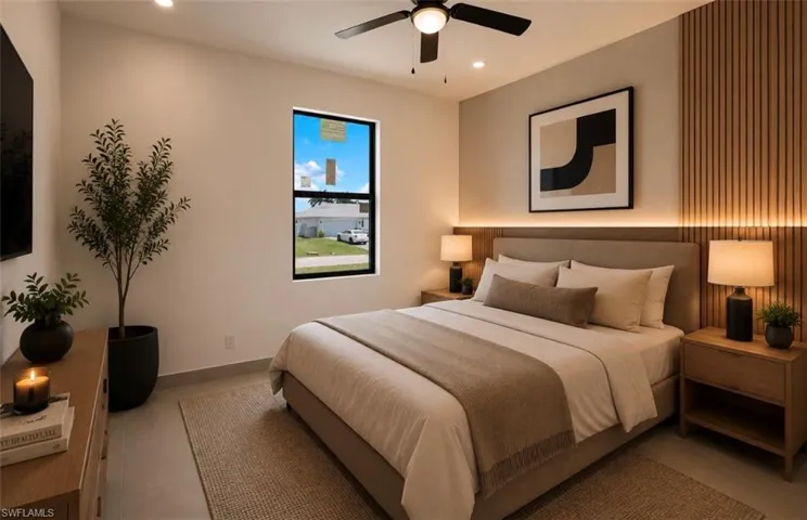 Bedroom featuring a built-in wood slat accent wall with integrated ambient lighting, a ceiling fan with light fixture, and recessed lighting