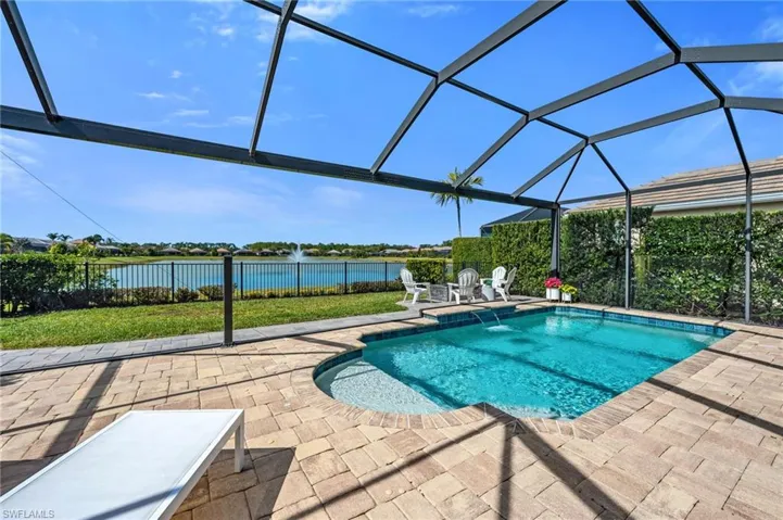 Swimming Pool with Picture Window Screen, Fire Pit, and Long Lake View